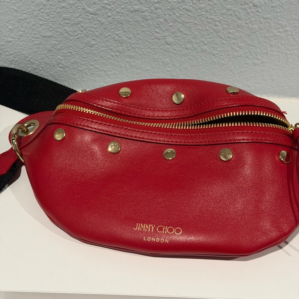 Jimmy Choo Red Leather Studded Crossbody Belt Bag authentic